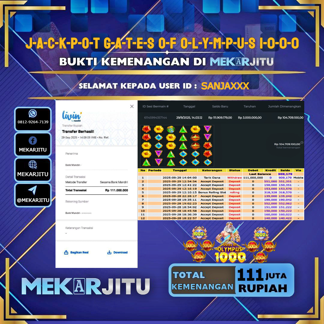 MEKARJITU JACKPOT SLOT GATES OF OLYMPUS 1000 RP. 111,000,000-LUNAS USER  ID :   SANJA***                   