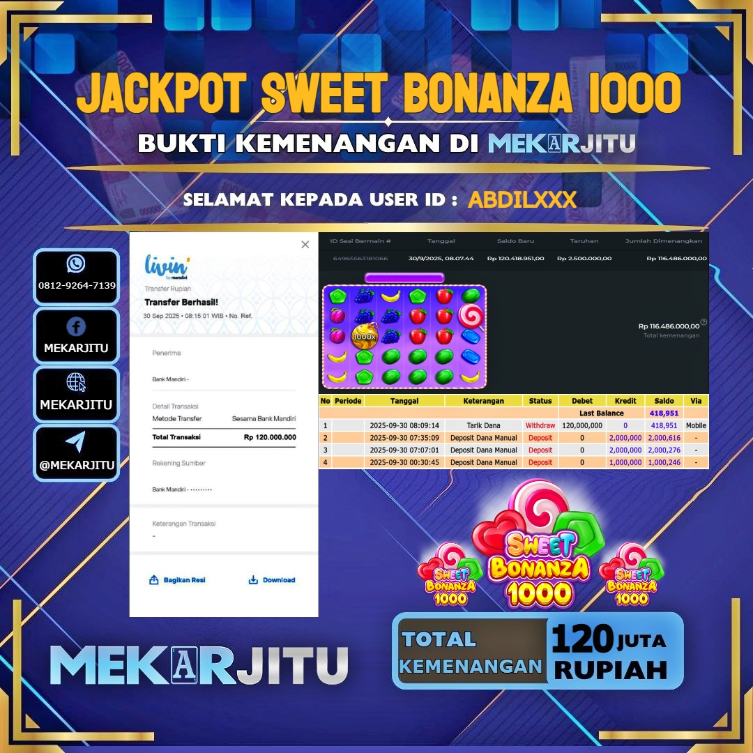 MEKARJITU JACKPOT SLOT SWEET BONANZA 1000 RP. 120,000,000-LUNAS USER  ID :  ABDIL***                   