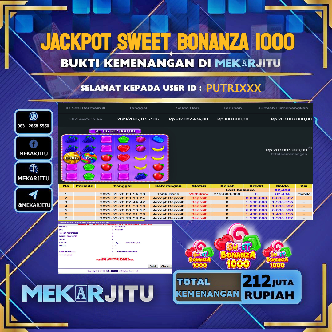 MEKARJITU JACKPOT SLOT SWEET BONANZA 1000 RP. 212,000,000-LUNAS USER  ID : PUTRI***                   