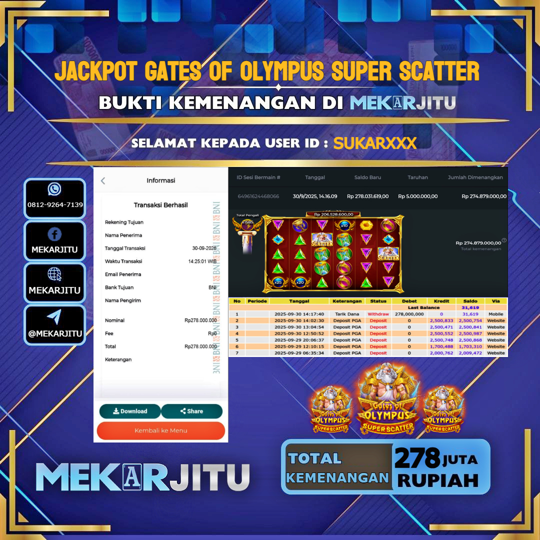 MEKARJITU JACKPOT SLOT GATES OF OLYMPUS SUPER SCATTER RP. 278,000,000-LUNAS USER  ID :  SUKAR***                   