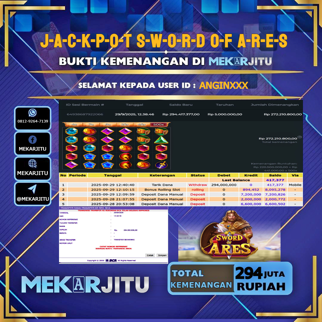 MEKARJITU JACKPOT SLOT SWORD OF ARES RP. 294,000,000-LUNAS USER  ID :   ANGIN***                   