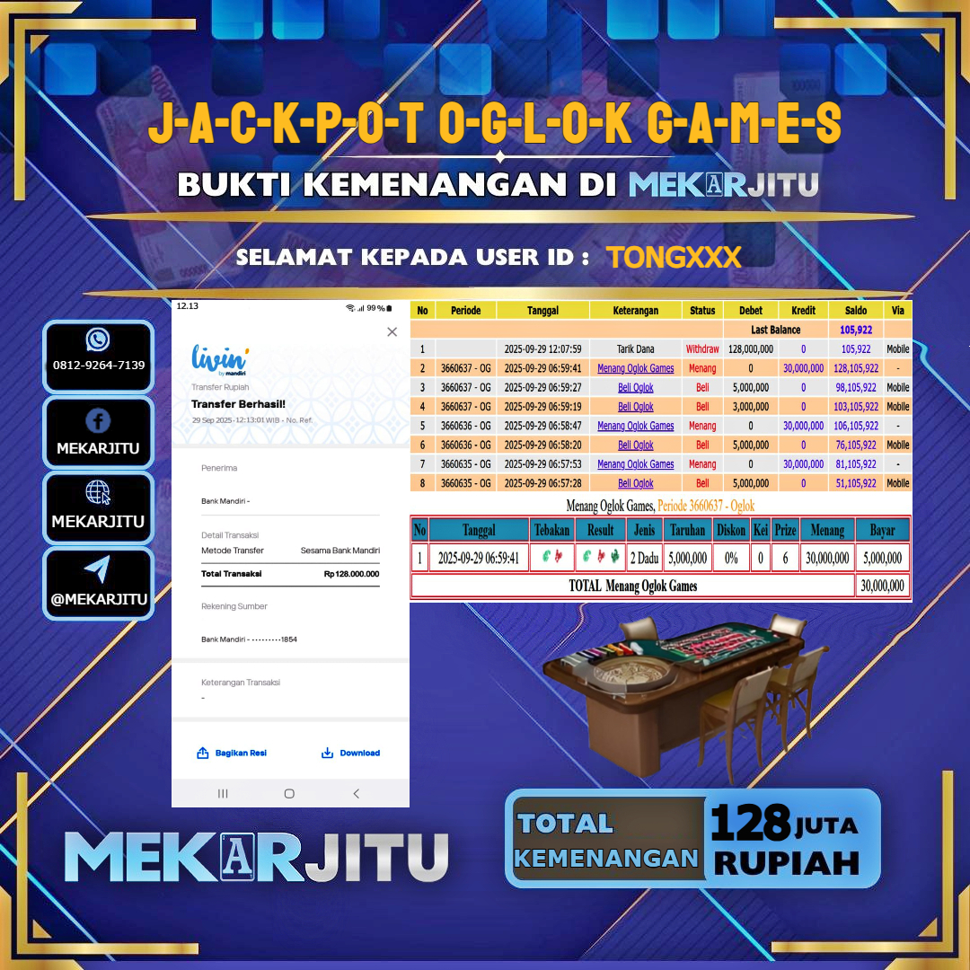 MEKARJITU JACKPOT LIVE GAMES  OGLOK GAMES RP.128.000.000,- LUNAS USER ID :   TONG***                                