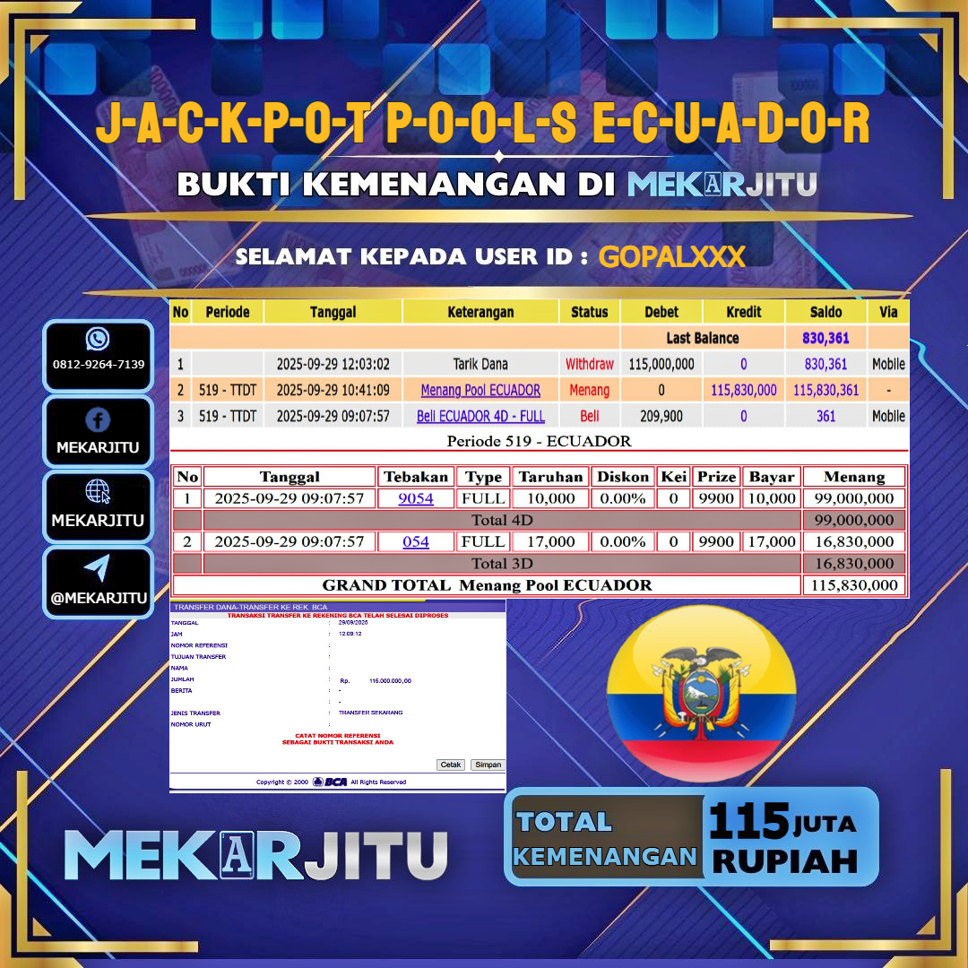 MEKARJITU JACKPOT  TOGEL ECUADOR RP.115.000.000,- LUNAS USER ID :   GOPAL***  