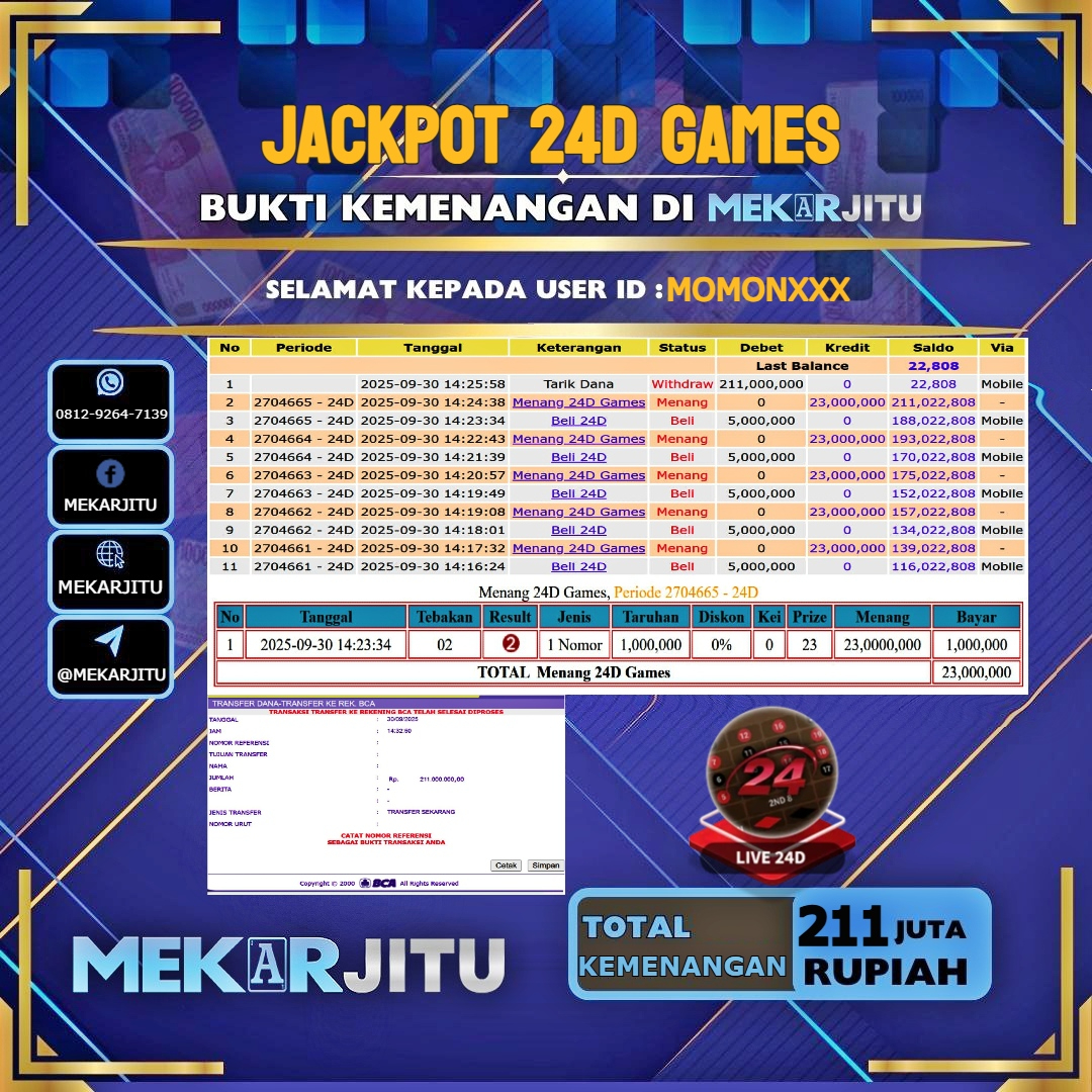 MEKARJITU JACKPOT LIVE GAMES 24D GAMES RP.211.000.000,- LUNAS USER ID :  MOMON***                                
