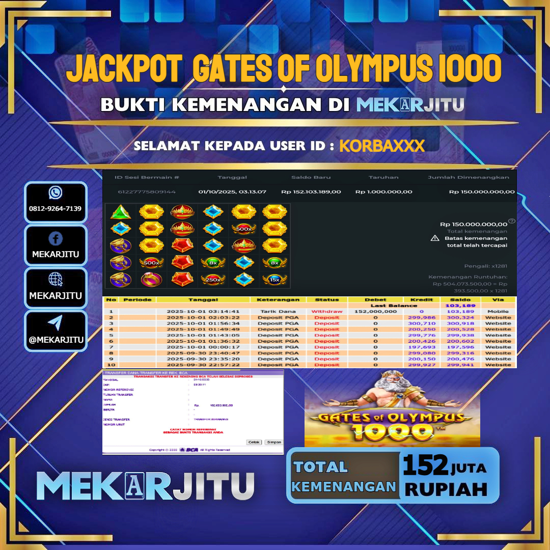 MEKARJITU JACKPOT SLOT GATES OF OLYMPUS 1000 RP. 152,000,000-LUNAS USER  ID : KORBA***                   
