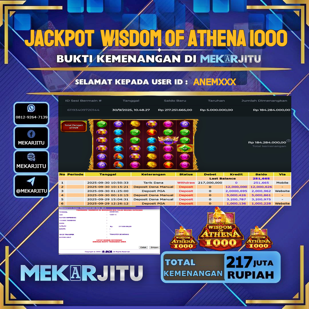  MEKARJITU JACKPOT SLOT WISDOM OF ATHENA 1000 RP. 217,000,000-LUNAS USER  ID :  ANEM***                   